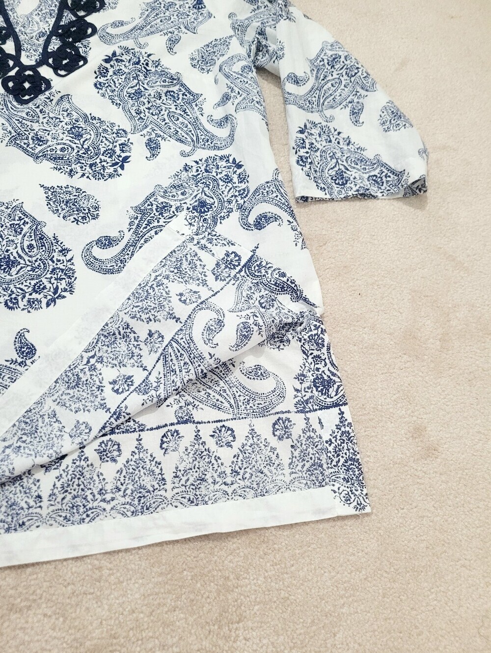 Liz Claiborne Womens Large Blue White Paisley Tunic Top 100% Cotton Boho Classic - Picture 10 of 12